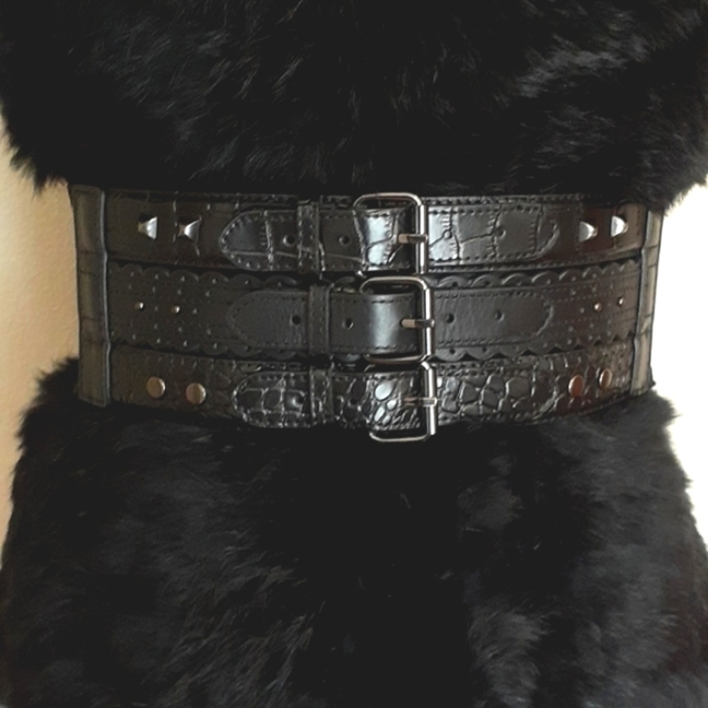 BCBGMaxAzria Black Wide Leather Waist Belt Motorchic Biker Studs Buckles